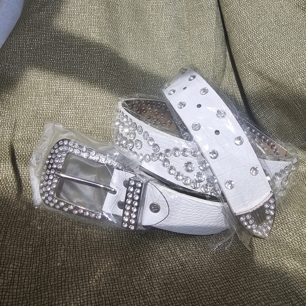 White Rhinestone Studded Belt